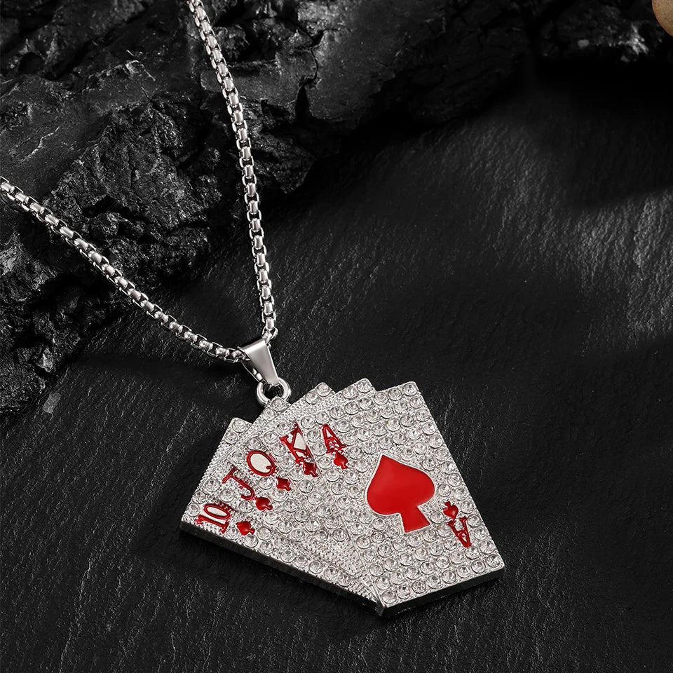 2 Stück Set Hip Hop Statement Edelstahl Poker Karte Ass Spaten Halskette für Frauen Männer Anhänger Kette Spielkarten Schmuck