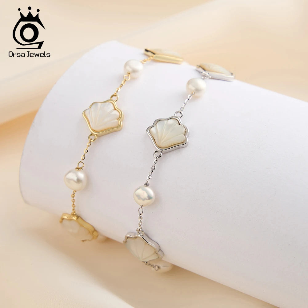 ORSA JEWELS Neues 925er Silber, heißer Verkauf, Muschel-Sommerschmuck-Set, Muschelperle, Charm-Armband, Kette, exquisites Geschenk für Damen, GPB41