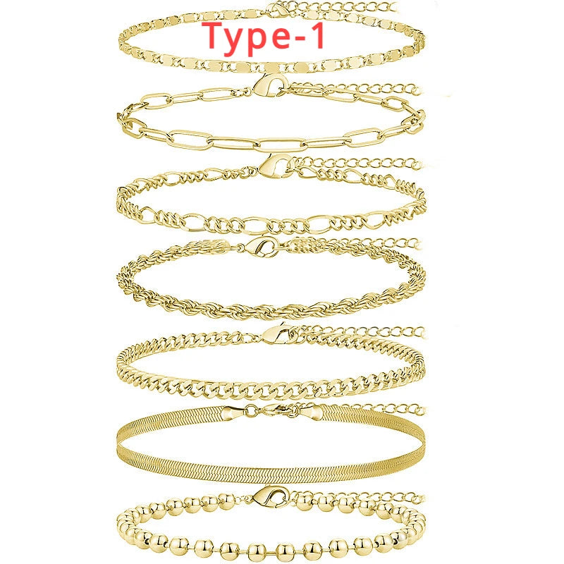 5 Stück/7 Stück 14K vergoldetes Fußkettchen Cuban Link Figaro Büroklammer Seil Fischgrätenkette Fußkettchen Set Geschenk für Frauen Mädchen
