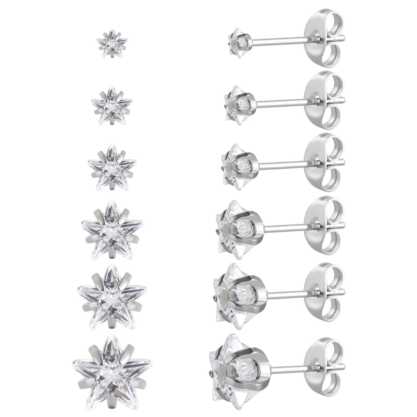 6-teiliges Ohrstecker-Set aus Edelstahl mit Schraubverschluss, vergoldet, Herz, Stern, quadratisch, Prinzessinnenschliff, rund, Zirkonia, CZ