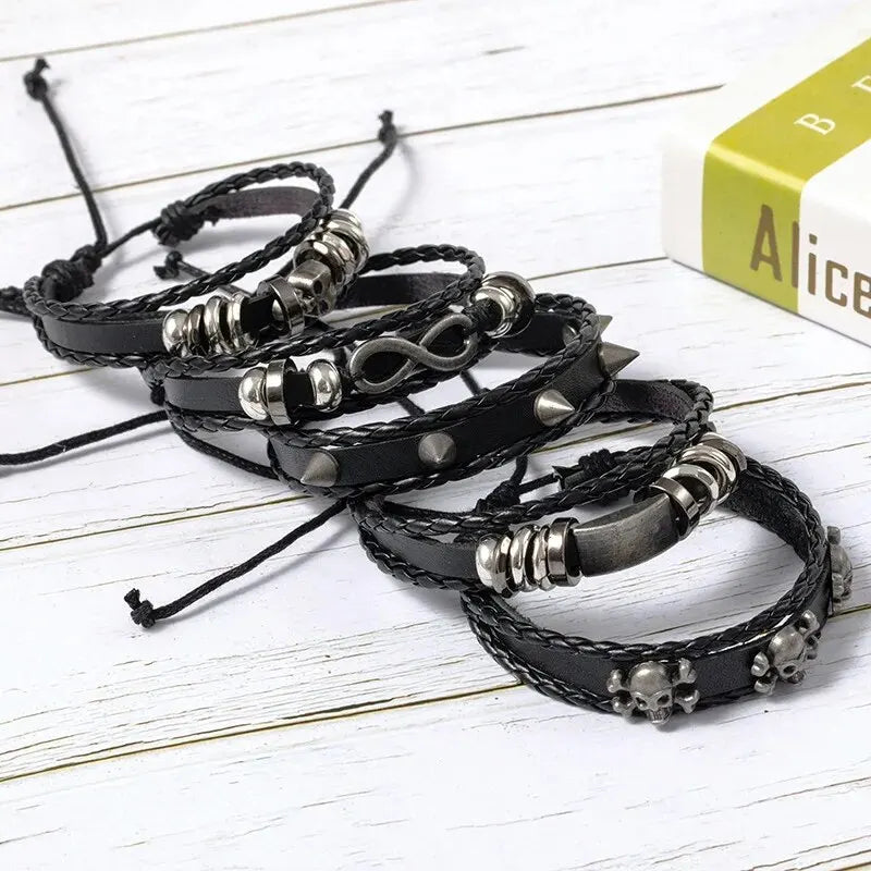 5-teiliges DIY-Armband-Set aus geflochtenem Metall im Punk-Stil, mit Pu-Leder und Perlen