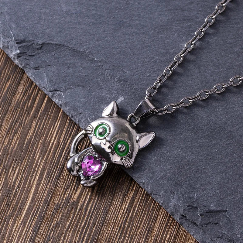 Cartoon Lila Herz Kristall Schwarze Katze Anhänger Halskette Für Frauen Männer Jungen Mädchen Schmuck Zubehör