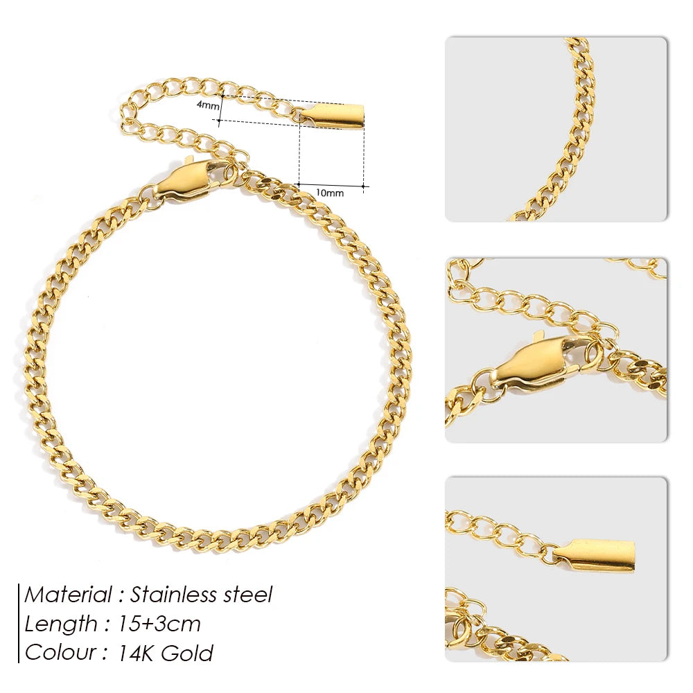 eManco Kubanische Kette, vergoldetes Sommer-Damenarmband, Edelstahl, verbesserter Karabinerverschluss, verstellbar, einfacher Schmuck