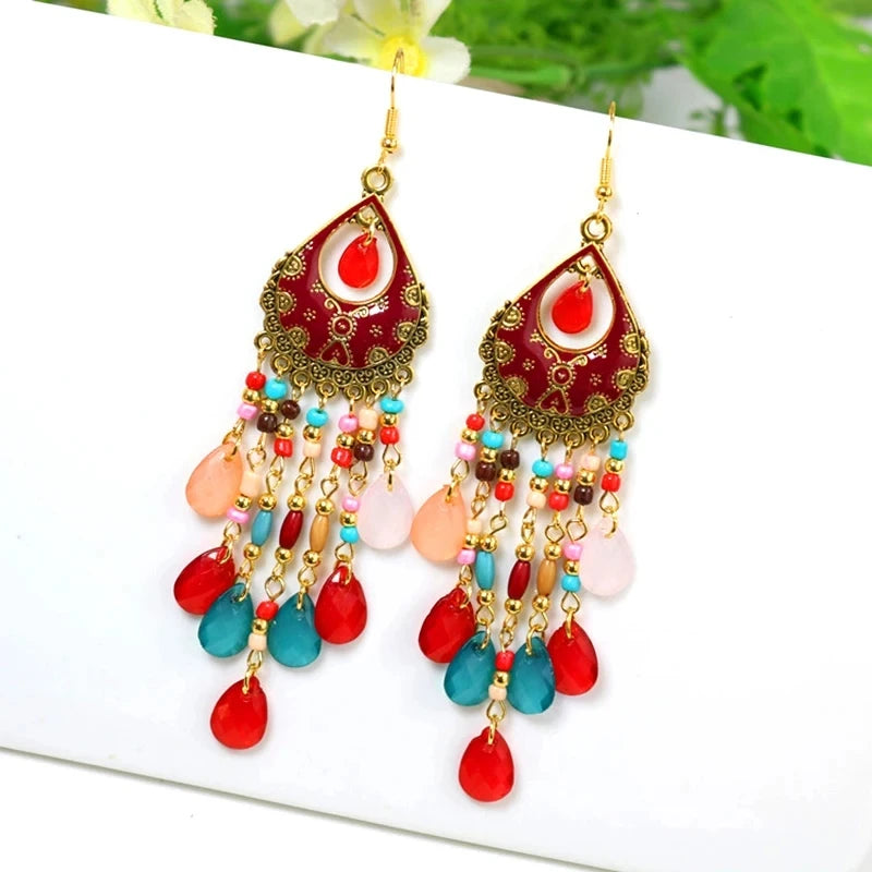Bohemian Lange Bunte Quaste Perlen Wasser Tropfen Baumeln Ohrringe Für Frauen Vintage Gold Farbe Tropfen Glasur Ohrringe Pendientes Mujer