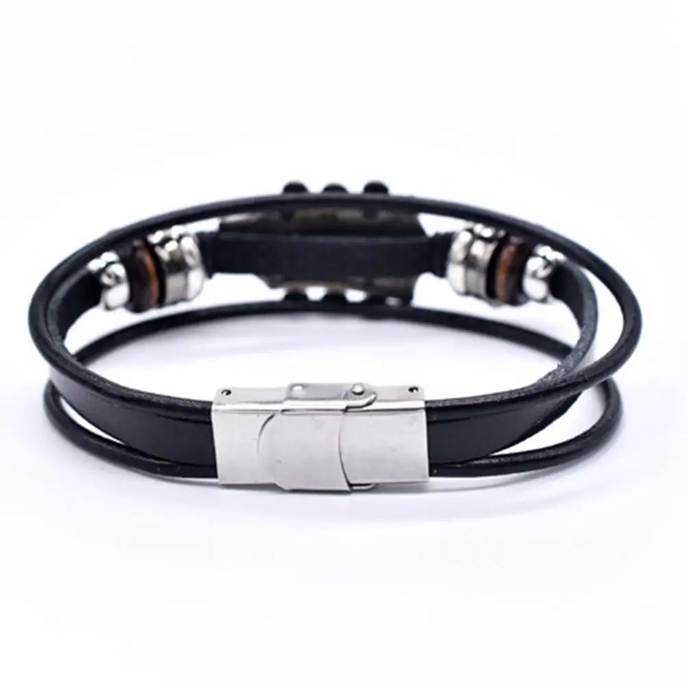Geflochtenes Gitarrenarmband aus Zinklegierung, verstellbare Schnalle, manuell gewebtes Kunstleder, 3-lagiger Retro-Punk-Handgelenkschmuck