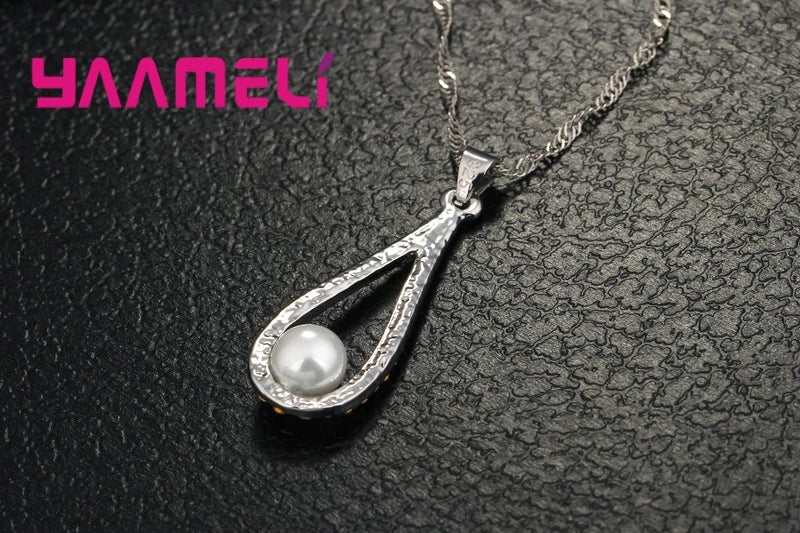 Reine 925 Sterling Silber Shiny CZ Kristall Wasser Tropfen Perle Halsketten Anhänger Kette Ohrringe Frau Feine Hochzeit Schmuck Set Geschenk