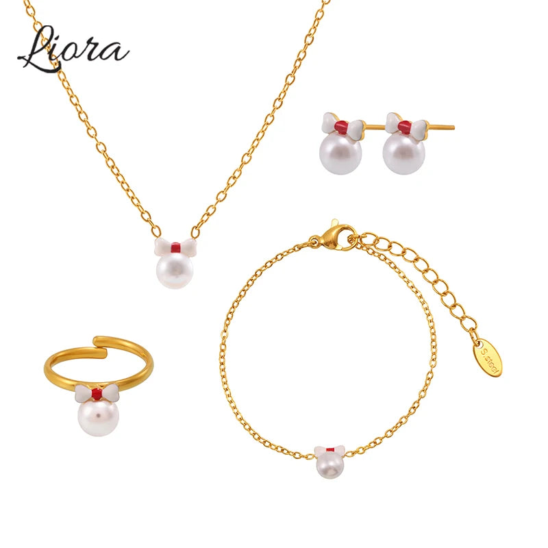 Liora Mode Emaille Bowknot Anhänger Simulierte Perle Halskette Armband Ring Ohrringe Für Mädchen Edelstahl Charme Schmuck Set