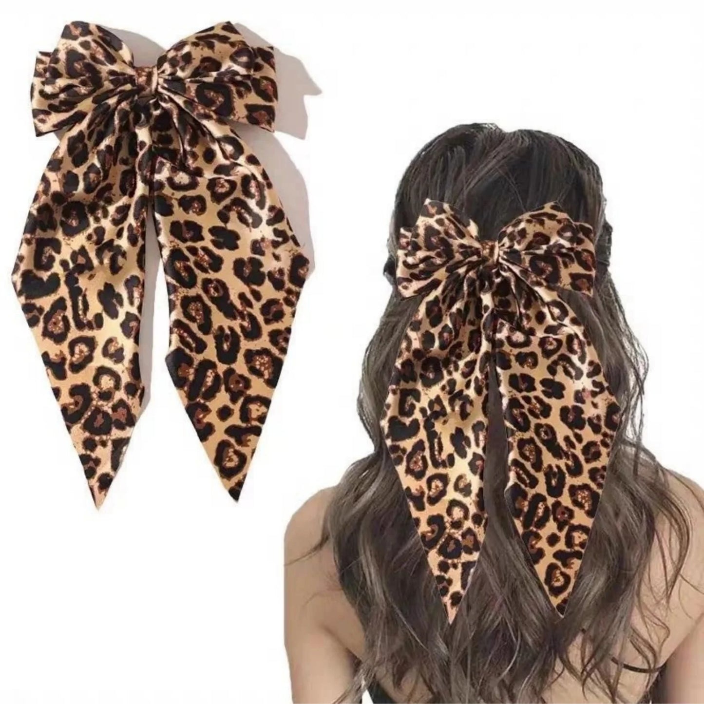 2er-Set Satin Leopard einfarbige Schleife lange schwimmende Federklammer Kopfschmuck Haarschmuck einfarbig Leopard Boho