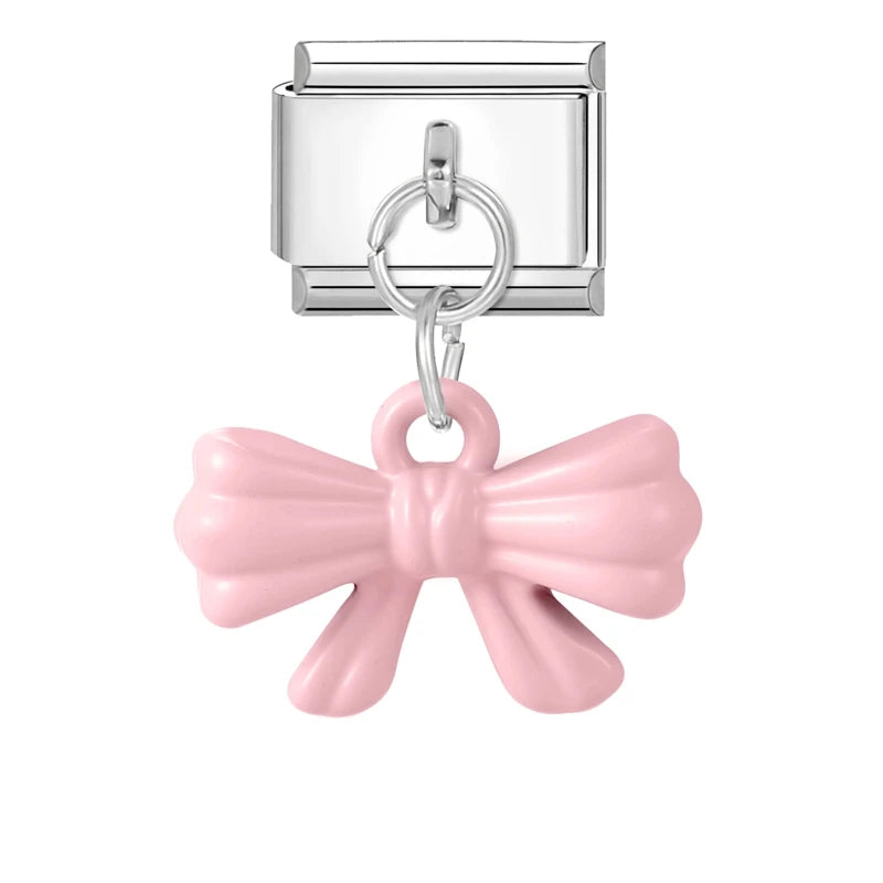 Lila Rosa Blau Schleife Knoten Herz Muschel Muschel Anhänger Italienischer Charm Link Fit 9MM Armband Edelstahl Männer Frauen DIY Herstellung