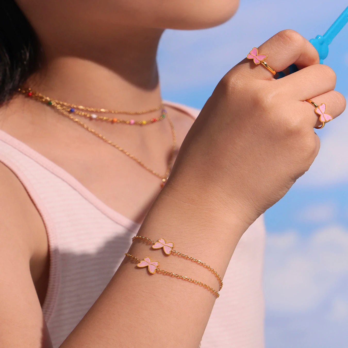 Kinderschmuck, rosa Schleife, Anhänger, gedrehte Kette, Halskette, Ohrringe, Armband, Ring, 5-teilig, Edelstahl, wasserdicht, Geschenk