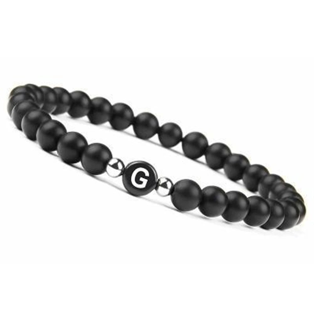 6 mm 26 Buchstaben-Armband, Unisex, schwarzer mattierter Stein, Perlen-Armreif, handgefertigt, DIY-Armband für Frauen, Männer, Paare, Freundschaftsgeschenke
