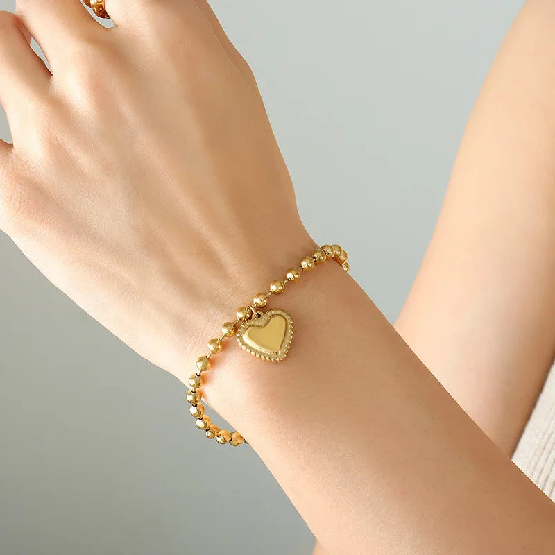 Trendy Herz Anhänger Halskette Armbänder Sets Für Frauen Vergoldet Edelstahl Kugeln Kette Frauen Hochzeit Schmuck Sets