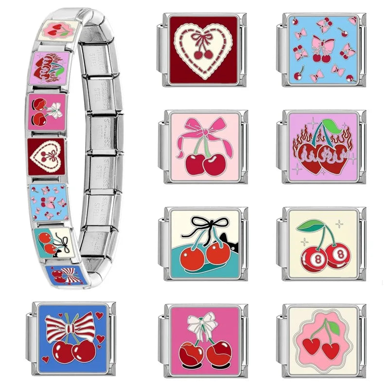 Niedliche Schleife, Knoten, Herz, Kirsche, süß, rosa, rot, italienische Charm-Verbindungen, passend für 9 mm Armbänder, Edelstahl, Damenschmuck, DIY-Herstellung von Geschenken