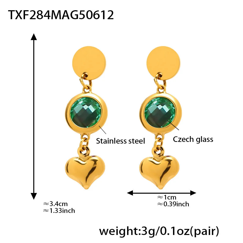 Edelstahl-Halskette, Armbänder, Ohrringe für Frauen, 6 Farben, Herz, facettierte tschechische Glas-Halsketten, Armband, baumelnde Ohrringe-Set