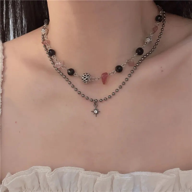 2-teiliges Halsketten-Set mit Vintage-Friedenschnalle-Anhänger, Naturstein-Perlen, Ketten, Halsband-Halsketten-Set für Damen und Herren, chinesischer Stil, Schmuck