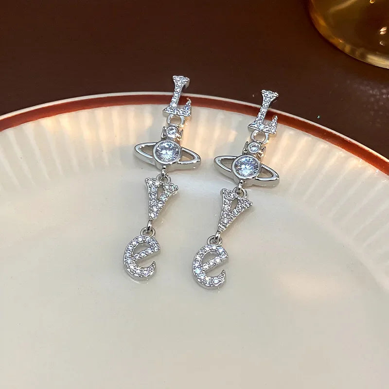 Modische lange Quasten-Ohrringe mit Liebesbrief, Zirkonia-Steinen, elegante Tropfen-Ohrringe für Damen, chinesischer Stil, Saturn-Persönlichkeit