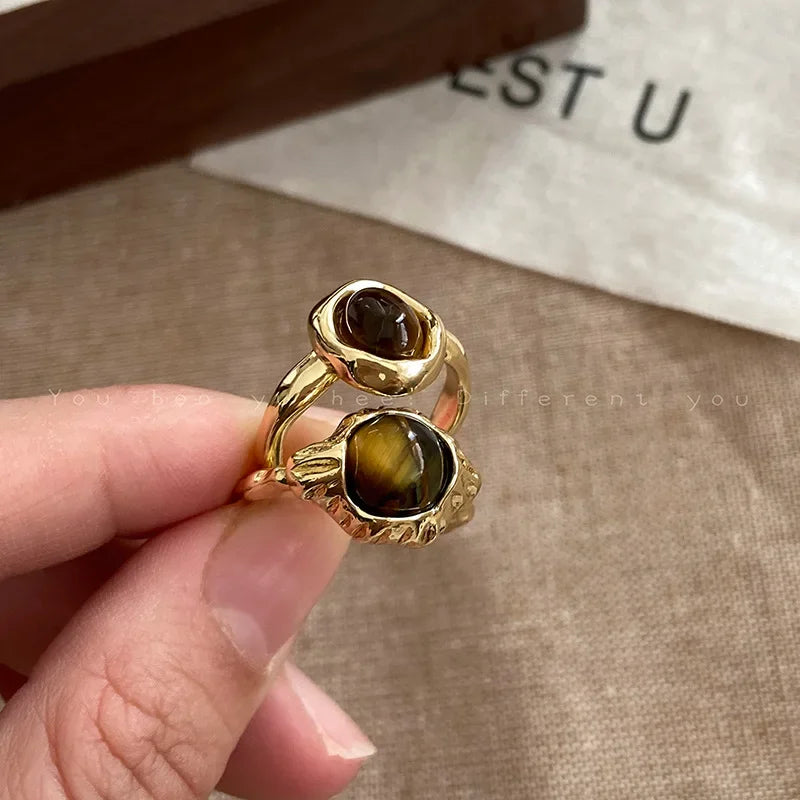 Vintage Brauner Tigerauge Stein Damenring Unregelmäßiger runder offener Ring Nischendesign Persönlichkeit Fingerringe High-End-Schmuck Geschenk