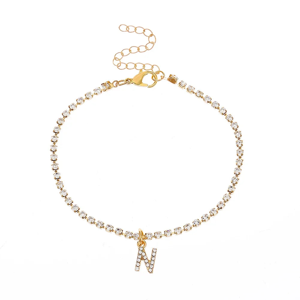 Mode Kreative Initial Buchstaben Alphabet Anhänger Strass Glänzenden Strand Fußkettchen Kette Fuß Schmuck Knöchel Armbänder für Frauen Boho