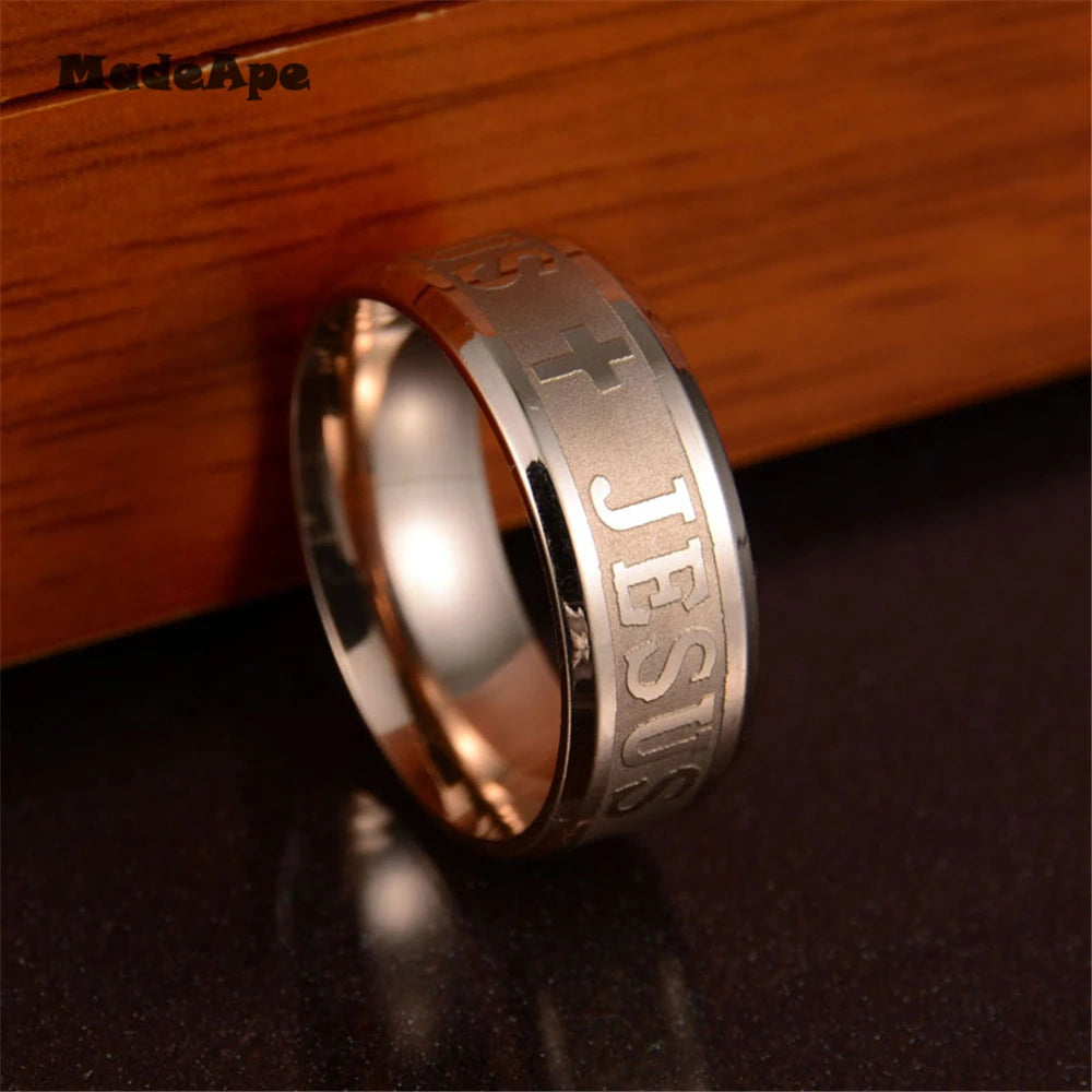 MadApe Klassischer Schmuck, 8 mm, Edelstahl, Buchstabe Bibelringe, Schwarz, Silber, Farbe, Roségold, Band, Jesus-Kreuz-Ring für Männer und Frauen