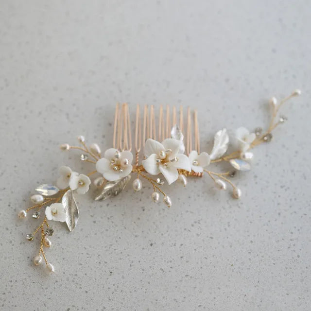 SLBRIDAL Handgemachte Luxus Strass Süßwasser Perlen Ceram Blume Braut Tiara Hochzeit Brautjungfern Krone Frauen Haar Schmuck