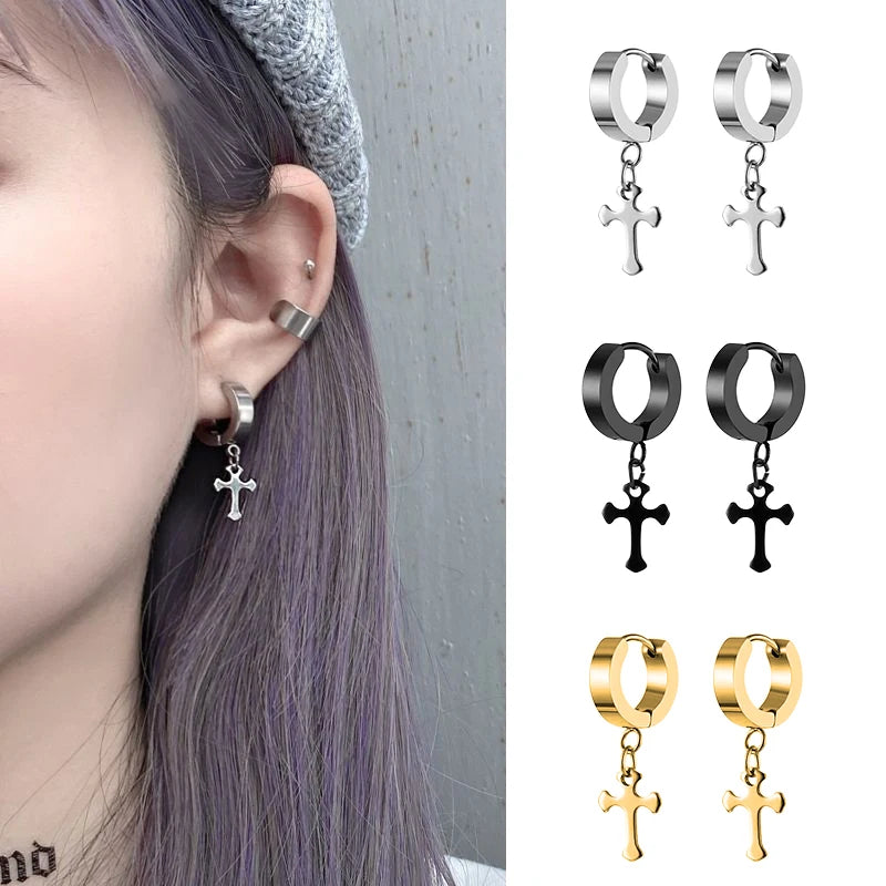 1pc Koreanische Mode Edelstahl Spezielle-förmigen Kreuz Anhänger Ohrringe Frauen Ohrring Punk Rock Piercing Hoop Ohrringe Schmuck