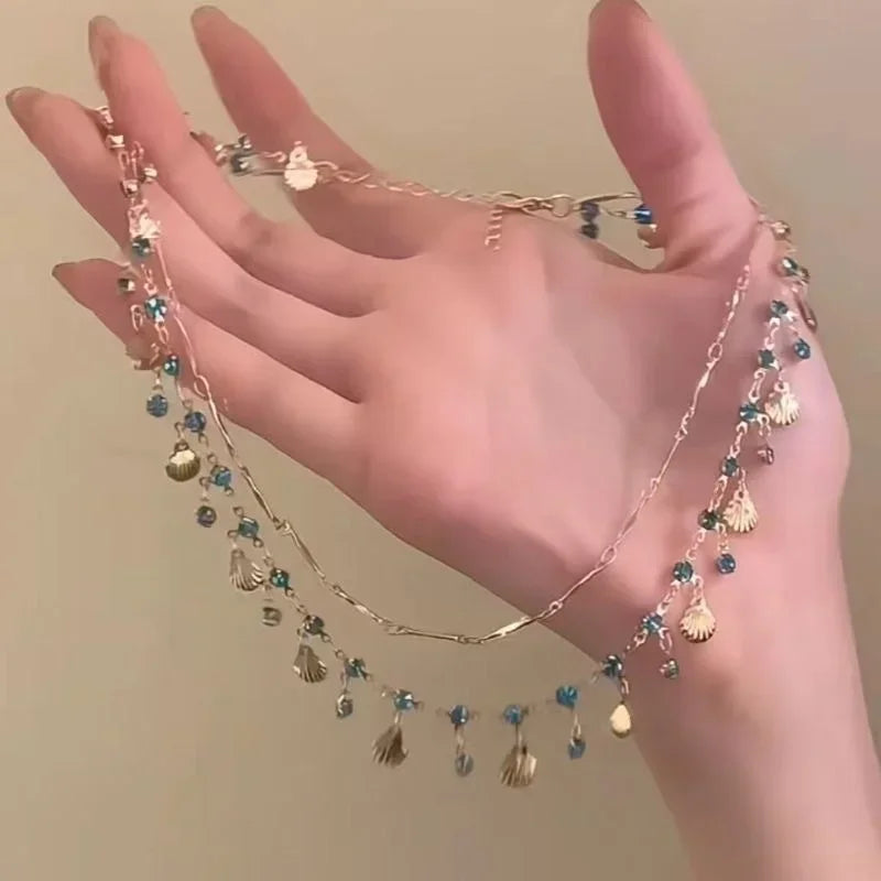 Elegante Gold Farbe Kette Shell Blau Schmuck Set Kristall Quasten Halsband Halskette Armband für Frauen Hochzeit Schmuck Geburtstag Geschenk