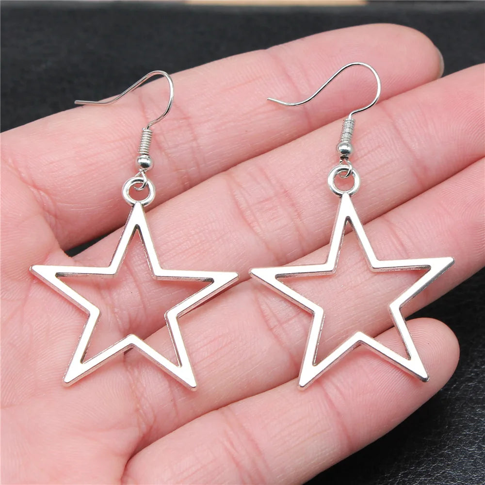 Mode Handgemachte Einfache Design Antike Silber Farbe Hohl Stern Anhänger Ohrringe Frauen Vintage Tropfen Ohrringe