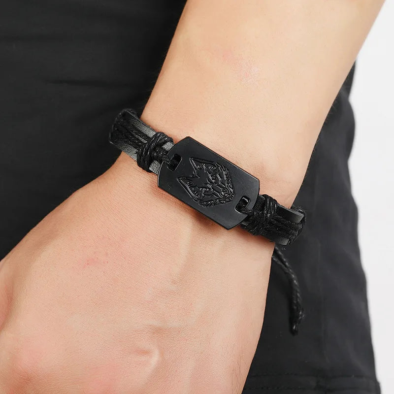 Punk Stil Schwarz Wolf Kopf Armbänder Multi-schicht Woven Leder Seil Armband Männer Mode Handgemachten Schmuck Großhandel