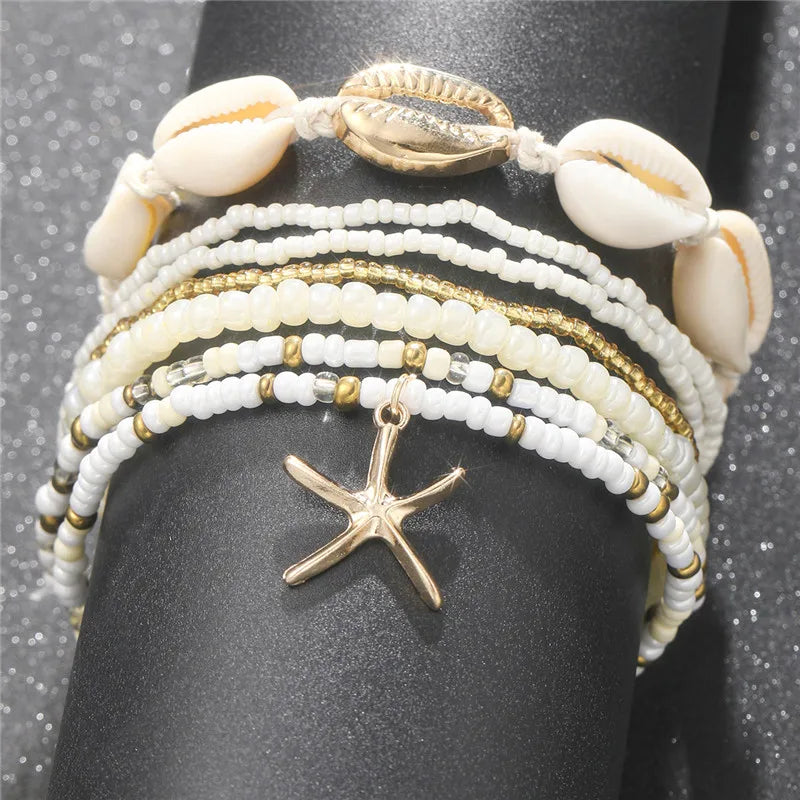 Fußkettchen-Set mit Seestern-Perlen, Perlenkette für Damen, Charm, Fußkettchen am Bein, handgefertigter Schmuck, Geschenke, Sommer, Strand, Mode