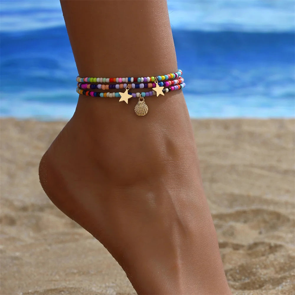 3 teile/satz Regenbogen Perlen Nette Sterne Shell Fußkettchen Für Frauen Multilayer Fuß Ketten Ankle Armband Strand Schmuck Sommer Zubehör