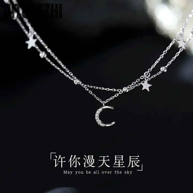Armband aus 925er-Sterlingsilber für Damen, doppellagiges Stern- und Mond-Armband, faltbares Design-Sense-Sommer-Stern-Mond-Stern-Armband für Damen