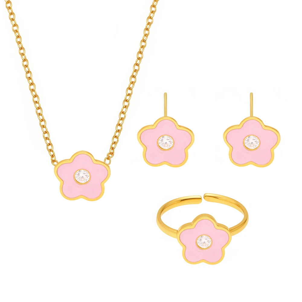 Kinderaccessoires Rosa Blume Zirkon Anhänger Gedrehte Kette Halskette Ohrringe Armband Ring Edelstahl Wasserdicht Geschenk