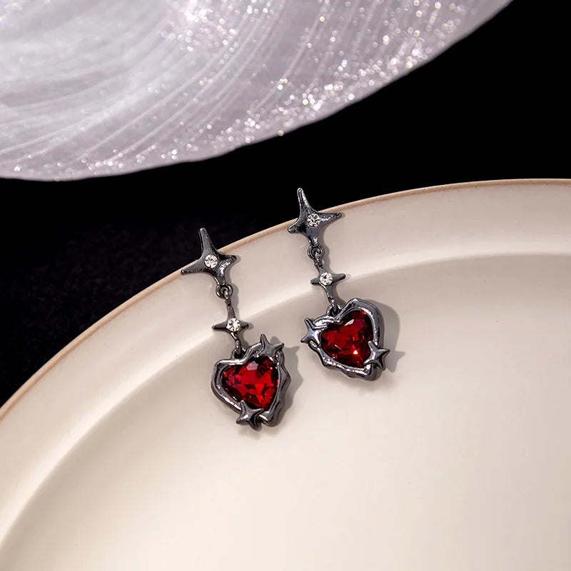 Y2K Goth Flüssigkeit Herz Kreuz Stern Anhänger Ohrringe Frauen Rot Zirkon Liebe Baumeln Ohrring Gothic Unregelmäßige Quaste Ohrringe Schmuck