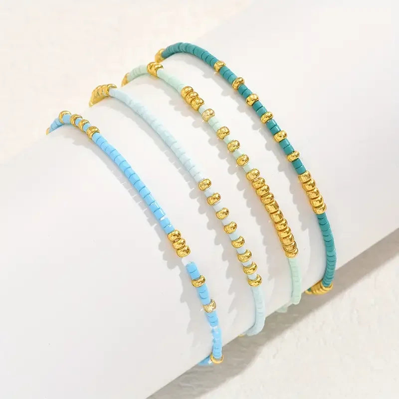 4-teiliges türkisfarbenes Rocailles-Stretch-Armband-Set, Böhmen, goldfarben, Glasperlen, elastisch, handgefertigt, für Mädchen, Urlaubsschmuck