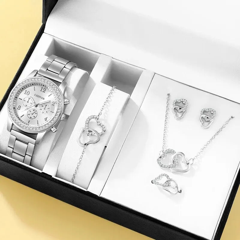 6 Stück Set Roségold Luxus uhr Damen Ring Halskette Ohrring Strass Mode Armbanduhr lässig Damen Armband Uhren