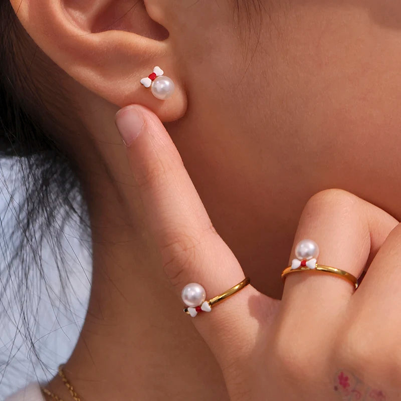 Liora Mode Emaille Bowknot Anhänger Simulierte Perle Halskette Armband Ring Ohrringe Für Mädchen Edelstahl Charme Schmuck Set
