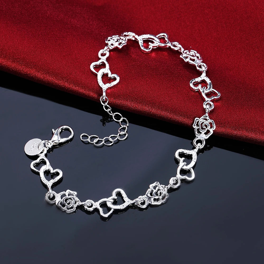 Wunderschönes Armband aus 925er Sterlingsilber für Damen, Armband HERZ, schöne BLUMENkette, Mode, Hochzeit, Party, süße Dame, schöner Schmuck