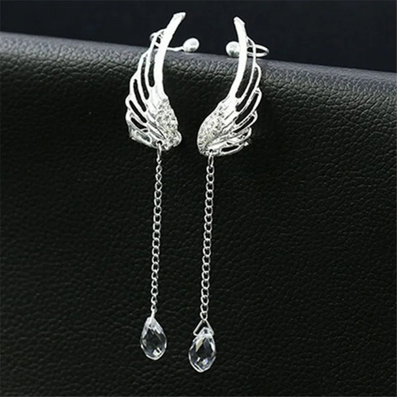 Engelsflügel-Kristall-Ohrringe, versilbert, baumelnde Ohrstecker für Frauen, lange Manschettenohrringe, Böhmen-Quasten-Ohrschmuck