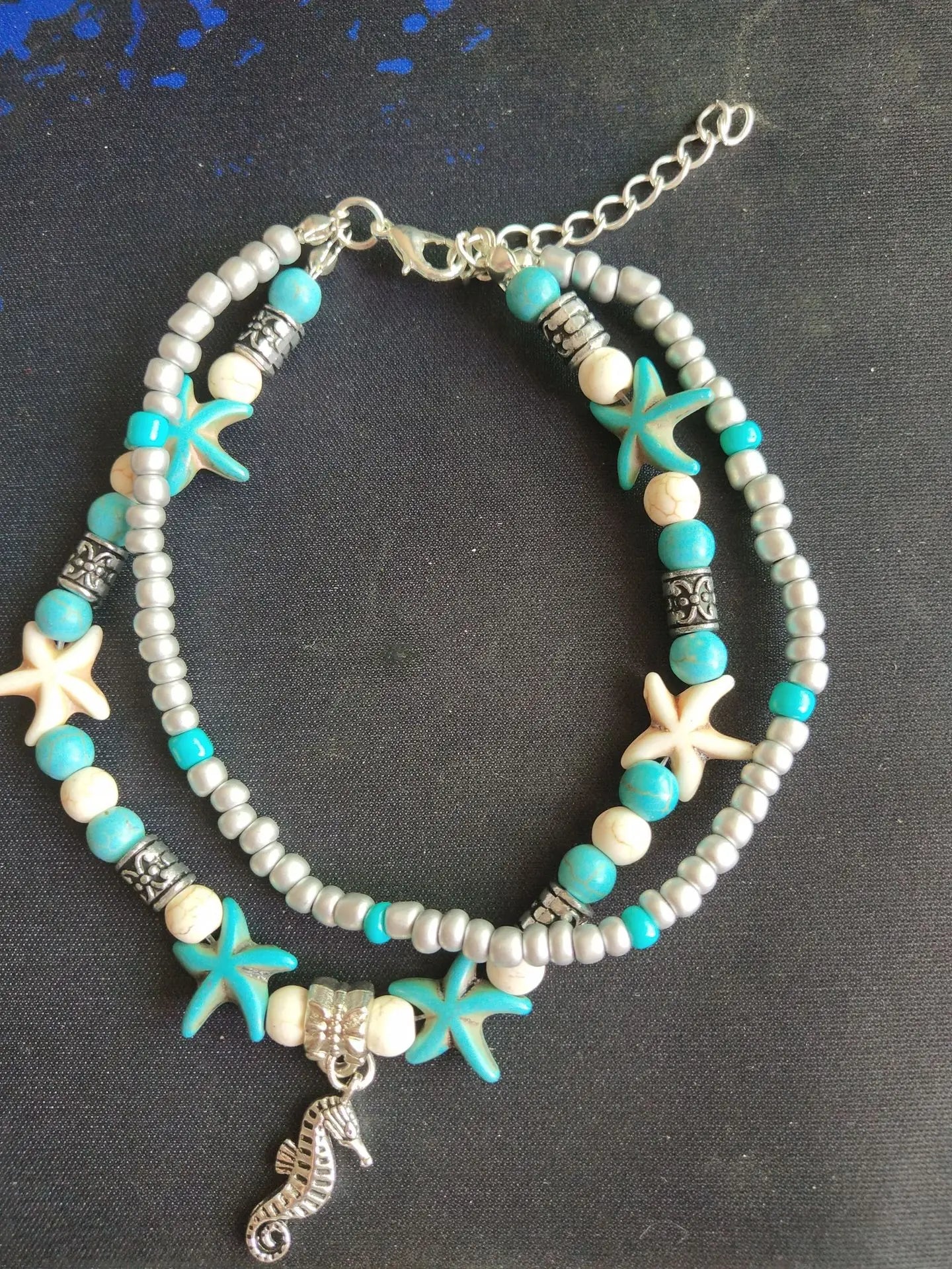 Doppel Fußkettchen Conch Starfish Sand Schildkröte Anhänger Fuß Ketten Türkis Stein Perlen Charme Strand Sommer Armband Knöchel Schmuck