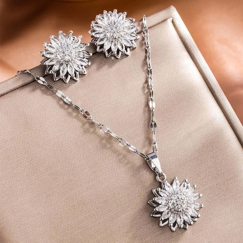 Trend ige Rotation Spin Sonnenblume Edelstahl Zirkon Halsketten für Frauen Metall Kristall Halskette Party Geburtstags geschenke Schmuck