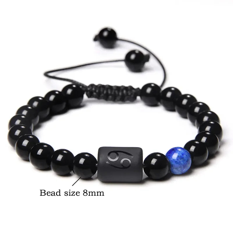 12-Sternbild-Sternzeichen-Armband, schwarze Onyx-Perlen, Krebs-Löwe, Onyx, geflochtenes Armband für Damen und Herren, Paare, Schmuck, Geschenk