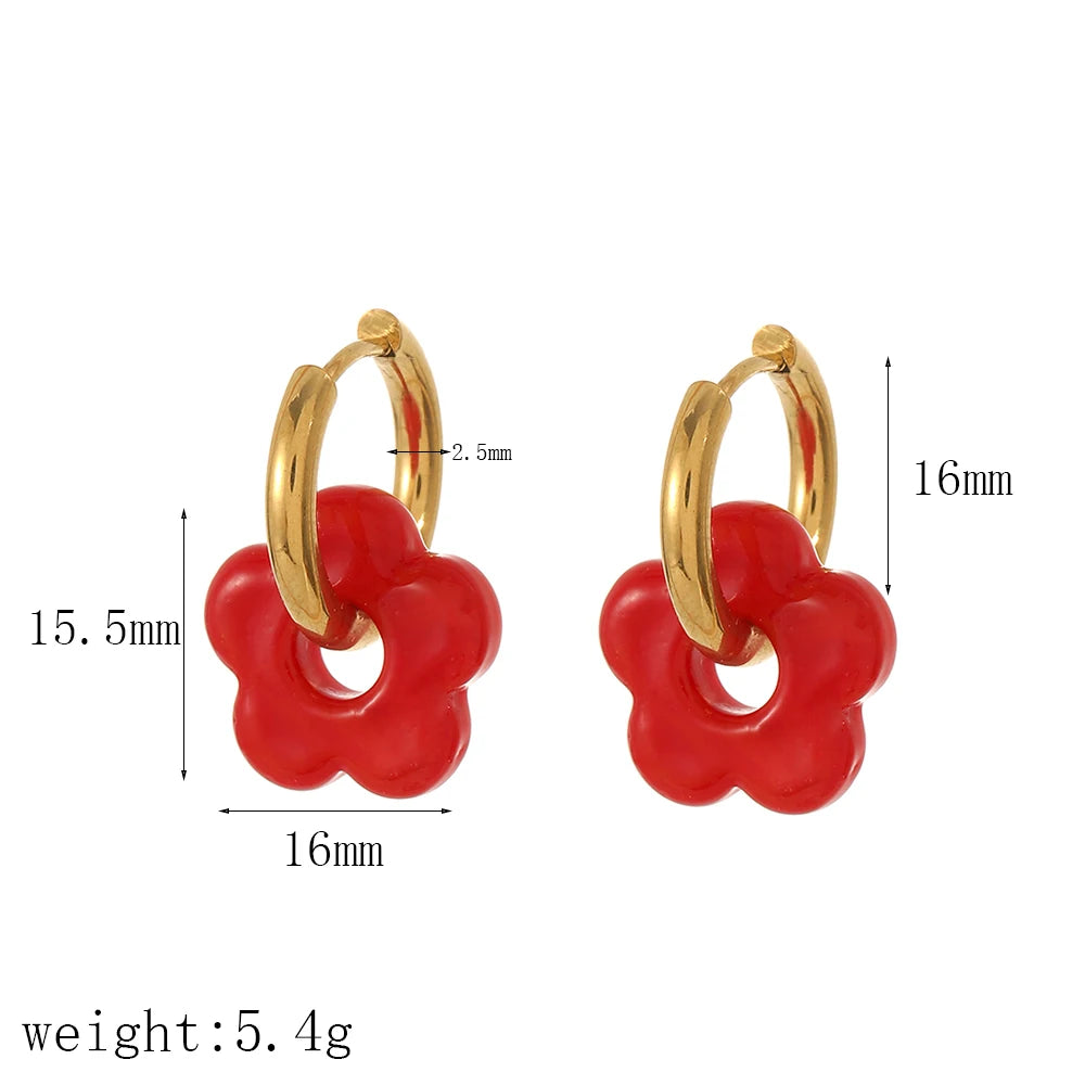 Bunte kleine Blume Edelstahl Charms Ohrring 18K vergoldet Kreis Ohr Schnalle Creolen Schmuck für Frauen