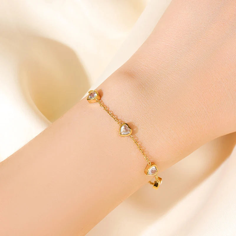GANEMLY 316L Edelstahl Glänzende Herz Zirkon Halskette Armband Ohrringe Set Für Frauen Mode Luxus Wasserdicht Schmuck Set