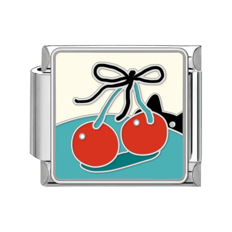 Niedliche Schleife, Knoten, Herz, Kirsche, süß, rosa, rot, italienische Charm-Verbindungen, passend für 9 mm Armbänder, Edelstahl, Damenschmuck, DIY-Herstellung von Geschenken