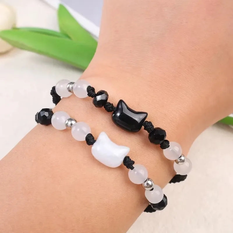 2 stücke natürliche Mondstein Obsidian Armbänder Paar minimalist ischen Armband handgemachte süße schwarze weiße Katze Armband Party Schmuck Geschenke