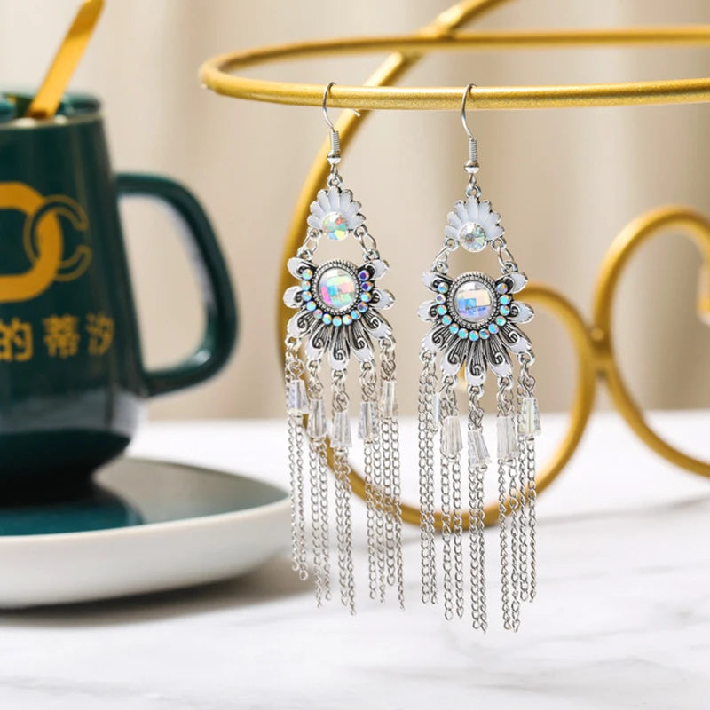 Vintage Ethnische Bunte Kristall Baumeln Ohrringe für Frauen Klassische Strand Kette Quaste Tropfen Ohrring Weibliche Pendiente Bijoux