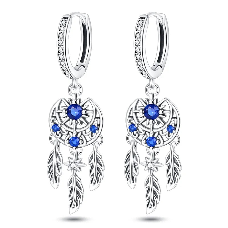 Heißer Verkauf Mode 925 Silber Farbe Ohrringe Blau Zirkon Sterne Mond Unregelmäßigkeit Ohrringe Für Frau Feine Geburtstag Schmuck Geschenke