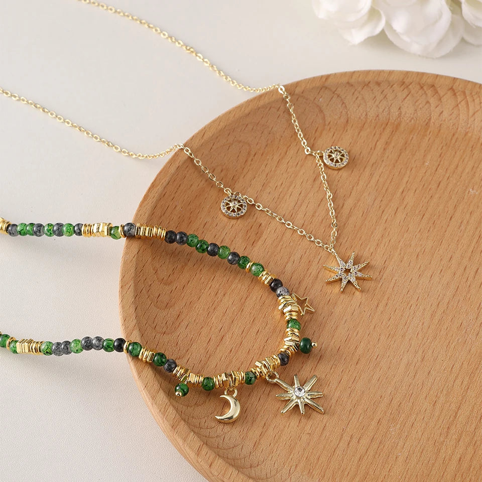 ZAKOL Vintage Böhmischen Stil Stein Perlen Halskette für Frauen Charme Mang Stern Anhänger Gestapelt Schlüsselbein Kette Mode Schmuck Geschenke