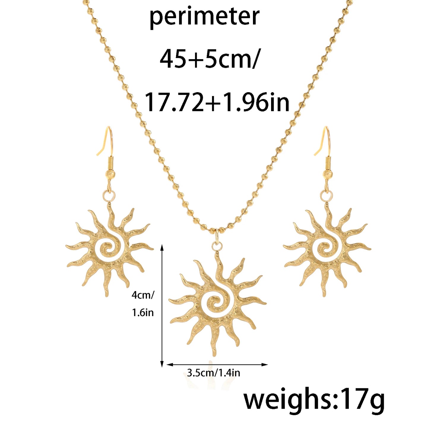 Sonnen-Halskette, Ohrringe, Set für Damen, Edelstahl, Goldkette, Feuer-Anhänger, Schmuck, Geschenk, hypoallergen, für den täglichen Gebrauch