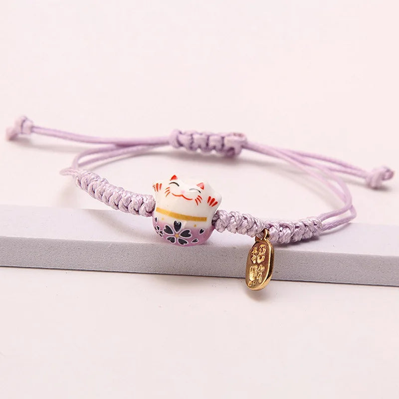 Einfaches geflochtenes Keramik-Glückskatze-Armband für Damen und Herren, mehrfarbig, niedliches Tier, handgestrickt, verstellbares Armband, Harajuku-Schmuck
